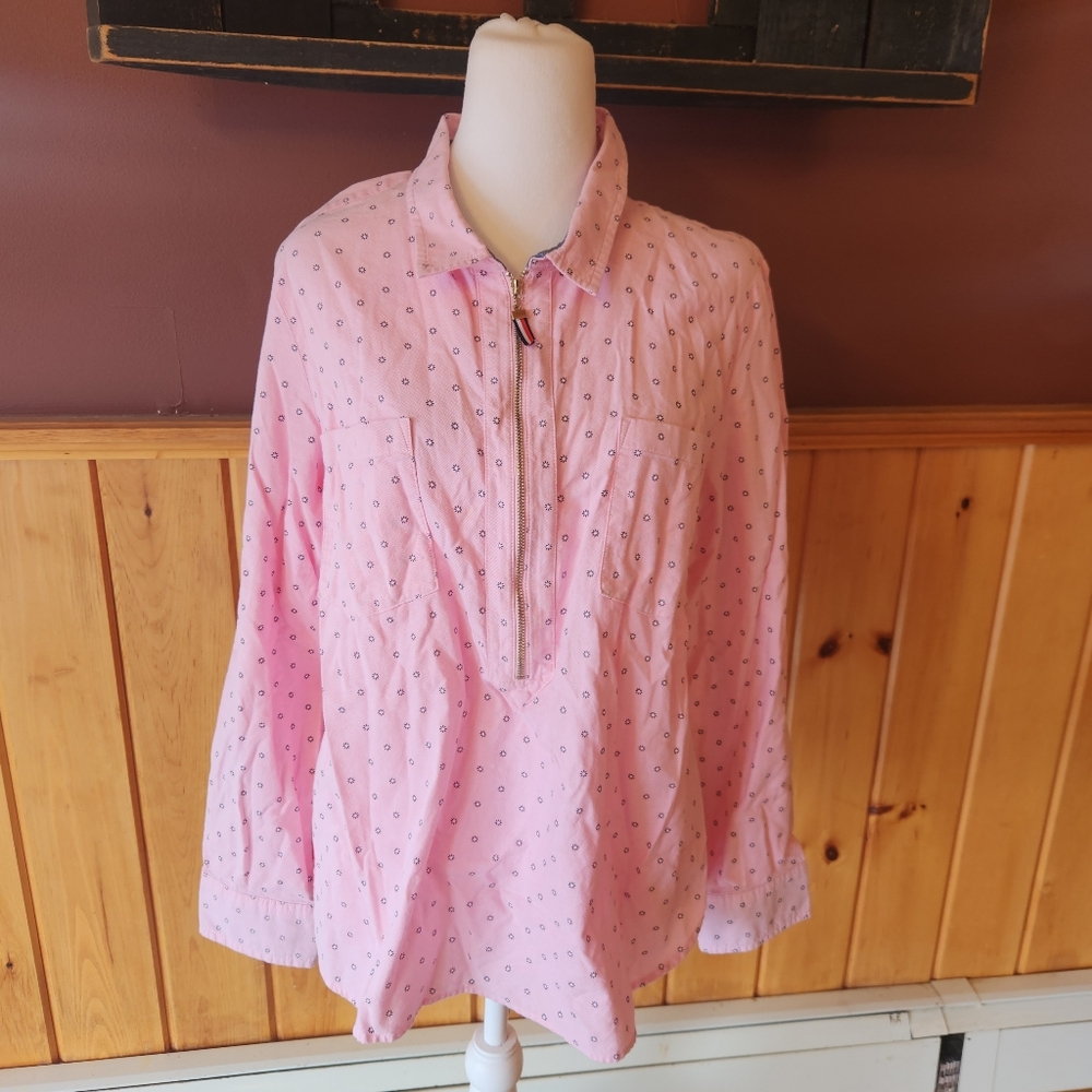 Tommy Hilfiger Pink Dot Cotton Popover Half Zipper Size XL - Picture 2 of 11